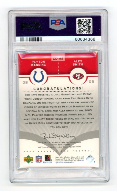 GAME USED WORN Peyton Manning/Smith 2005 UD Reflections Dual Jersey Card PSA 8 view 2