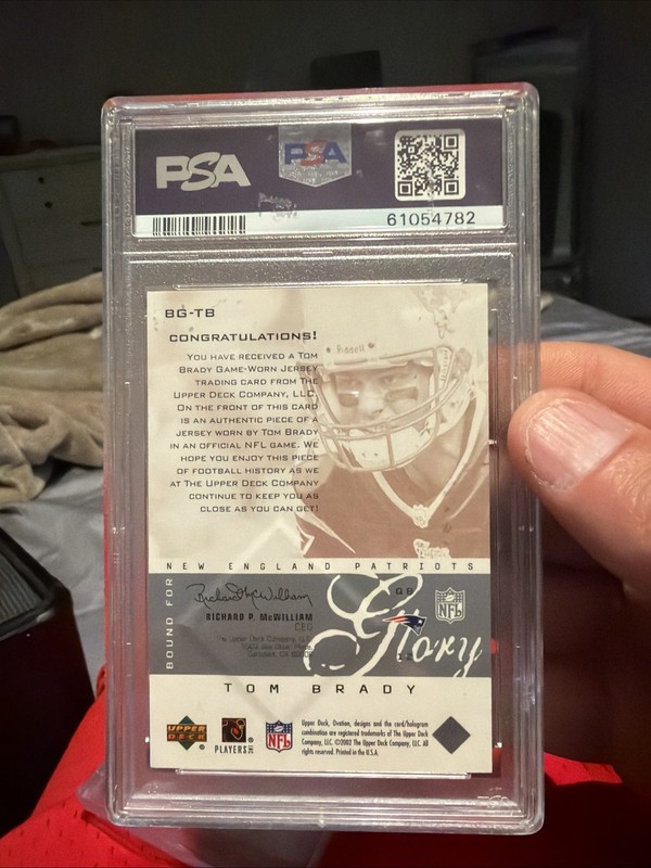 2002 Tom Brady  Game Worn Jersey Card UD Ovation PSA 9 POP 12Patch Rookie Season view 2