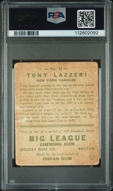 1933 Goudey #31 Tony Lazzeri - PSA 1 - Yankees Murder's Row Legend ICONIC SET view 2