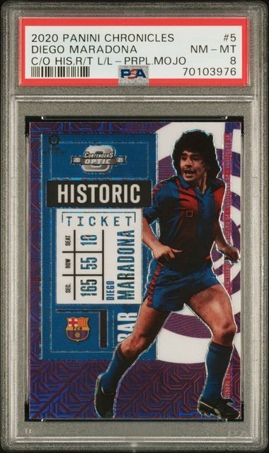 2020 Panini Chronicles Soccer Diego Maradona Optic Contenders Purple Mojo PSA 8
