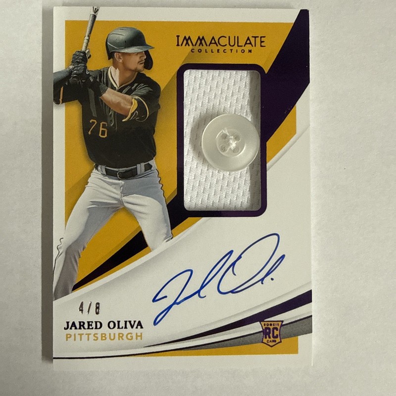 2021 Panini Immaculate Purple 4/8 Jared Oliva #157 RPA Rookie Patch Auto Button view 1