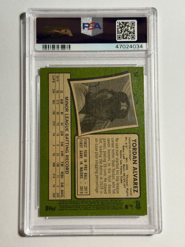 2020 TOPPS HERITAGE YORDAN ALVAREZ ACTION ASTROS #54 RC PSA 10 GEM MT view 2