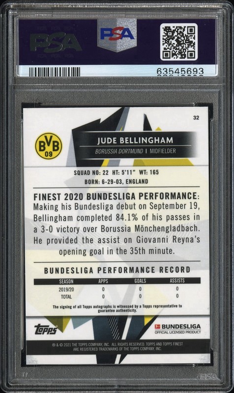 2020 TOPPS FINEST BUNDESLIGA AUTO #32 JUDE BELLINGHAM ROOKIE RC PSA 10 view 2