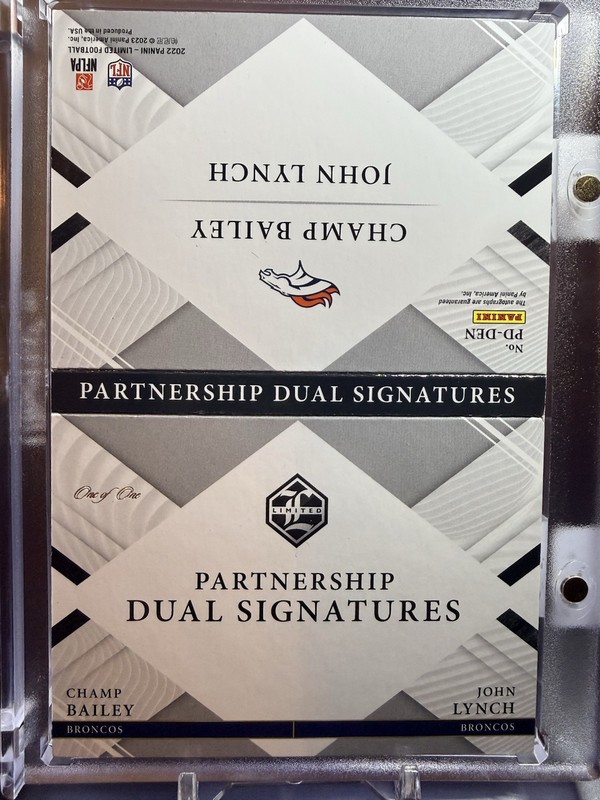 2022 Panini Limited Dual Signatures Champ Bailey John Lynch Auto 1/1 One Of One view 2