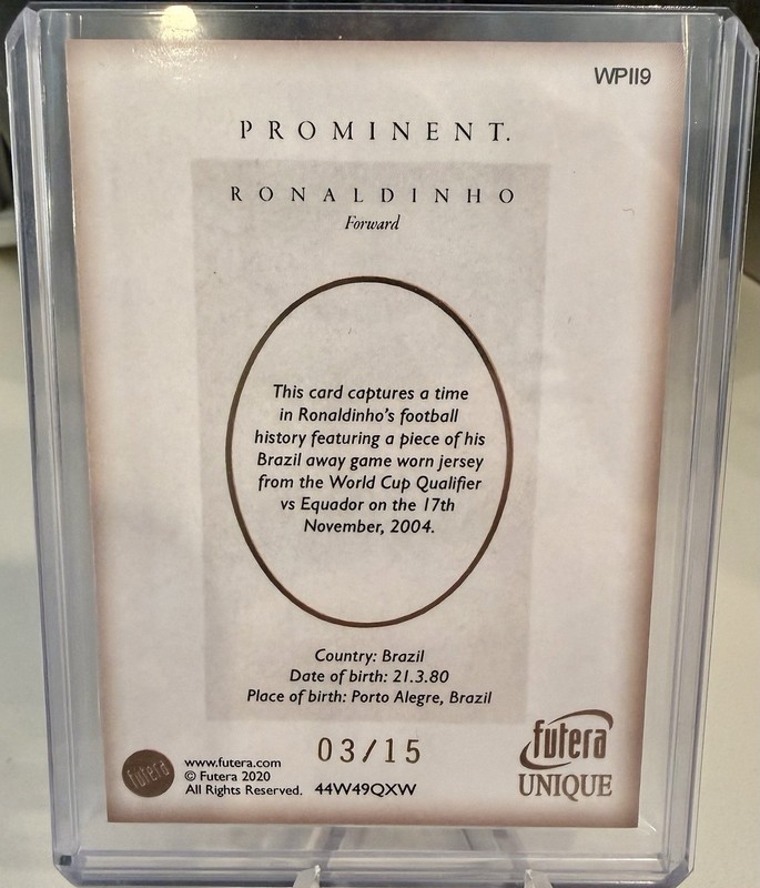 2020 Futera Unique Prominent Ronaldinho 24KT Gold Frame Game Worn Jersey Patch view 2