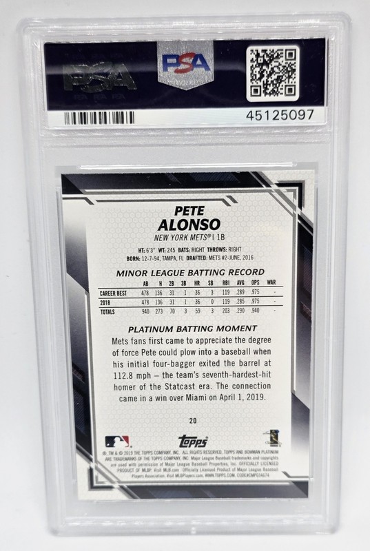 2019 BOWMAN PLATINUM #20 PETE ALONSO ROOKIE RC PSA 10 Orioles Mets view 2