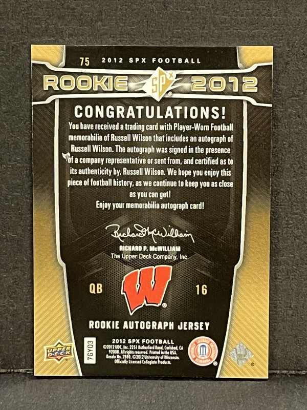 Russell Wilson Auto Game Used Patch Rookie 2012 Upper Deck /399 Wisconsin RPA view 2