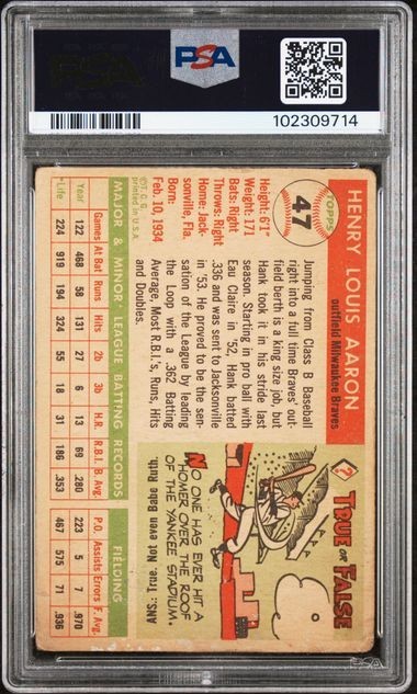 1955 Topps # 47 HANK AARON - PSA 1 - HOF MILWAUKEE BRAVES view 2