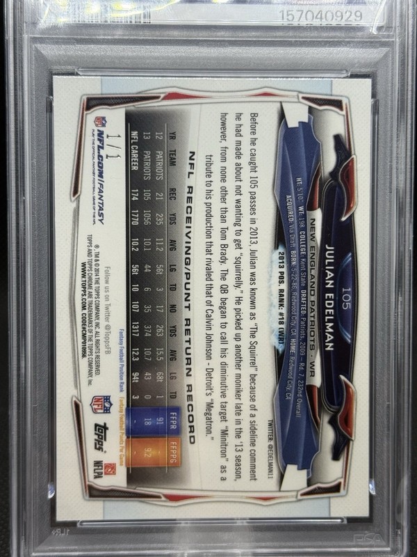 Julian Edelman, Topps Chrome, Gold, SUPERFRACTOR 1/1, PSA 9, view 2