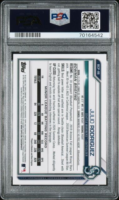 2021 Bowman Chrome Prospects JULIO RODRIGUEZ, Seattle #BCP-86 PSA 10 GEM MT view 2