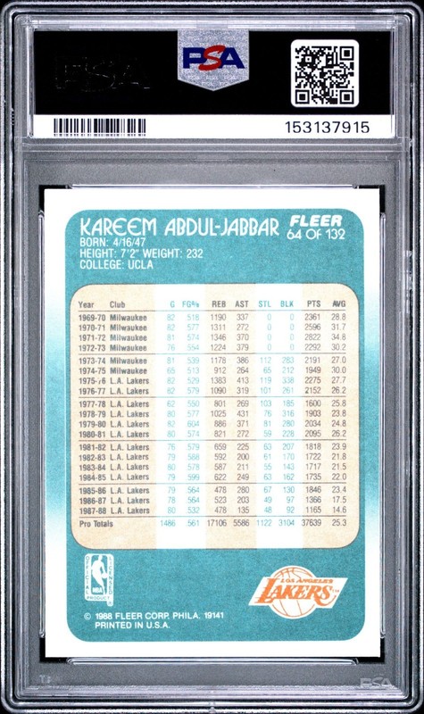 1988 Fleer Basketball #64 - Kareem Abdul-Jabbar -  🏀 PSA GEM MT 10 💎 view 2