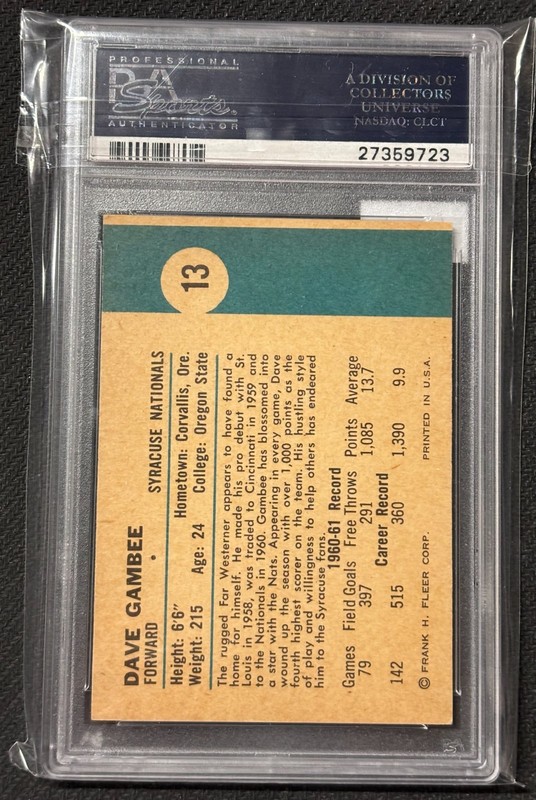 1961 Fleer PSA 6 Dave Gambee #13 Syracuse Nationals VINTAGE NBA view 2