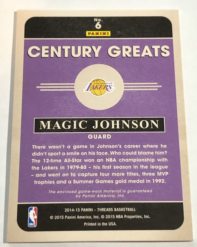 2014-15 Panini Threads Magic Johnson Century Greats Game Used Jersey  /199 view 2