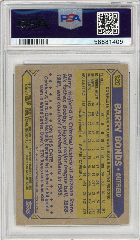 Barry Bonds Rookie Topps 1987 #320 Pittsburgh Pirates PSA 9 view 2