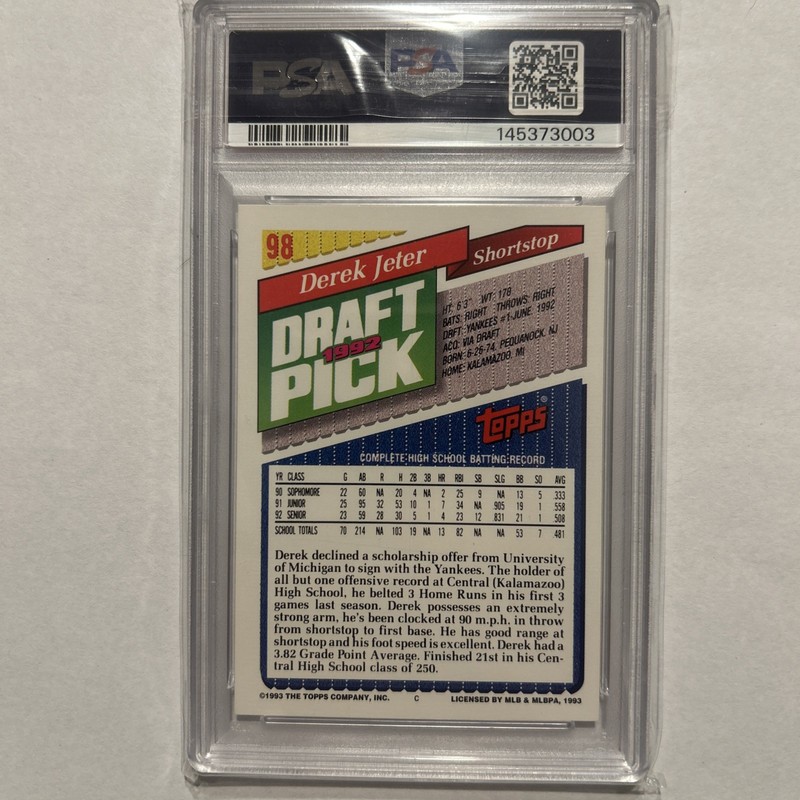 1993 Topps - Derek Jeter #98 (RC) PSA 9 view 2
