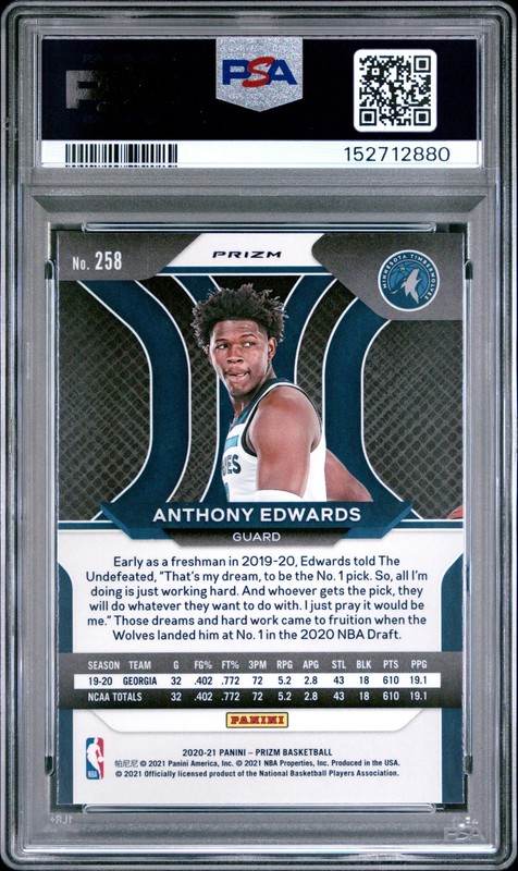 PSA 9 2020 Panini Prizm Anthony Edwards Silver Rookie RC #258 view 2
