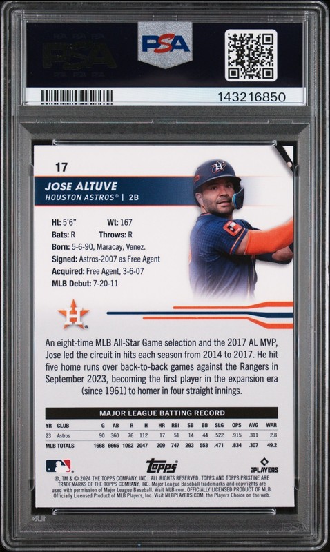 2024 Topps Pristine Jose Altuve #17 Orange Refractor 4/25 PSA 10 view 2