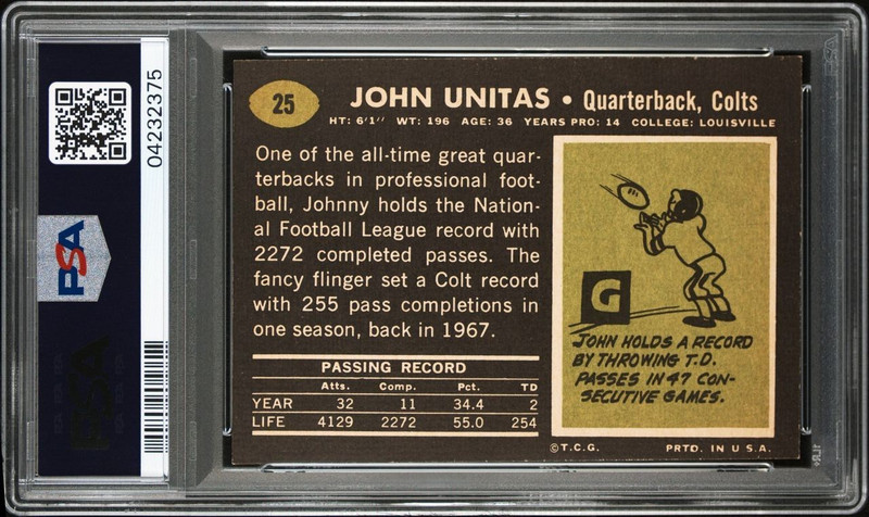 1969 Topps Football #25 Johnny Unitas PSA 8 view 2