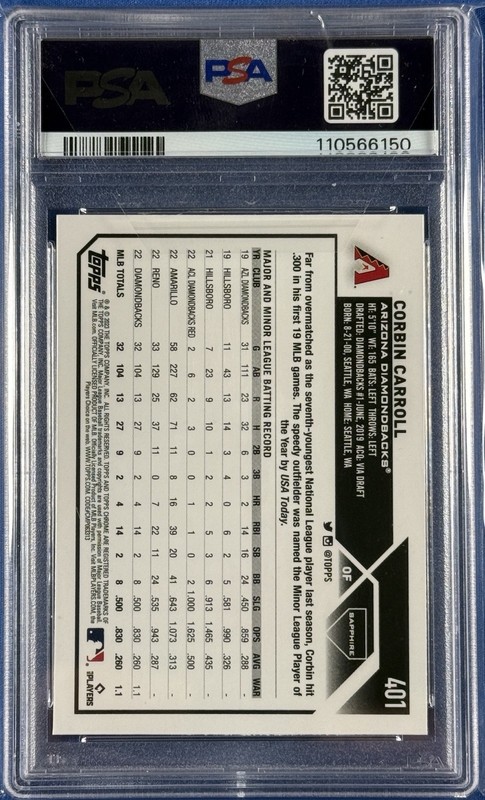2023 TOPPS CHROME SAPPHIRE ROOKIE CORBIN CARROLL RC #401 PSA 9 MINT view 2