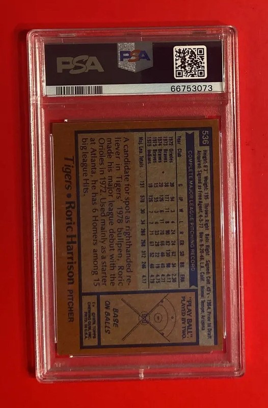1978 TOPPS Roric Harrison #536 Graded Baseball Card PSA 6 Detroit Tigers Vintage view 2
