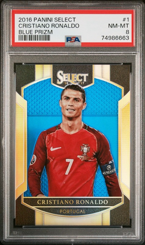 2016 Panini Select Soccer Cristiano Ronaldo Blue Prizm /299 SP #1 PSA 8 NM-MT