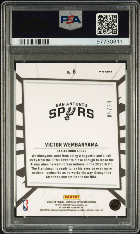 2023-24 Optic Victor Wembanyama SSP RC ORANGE PRIZM Silver /39 PSA 10 Non auto view 2