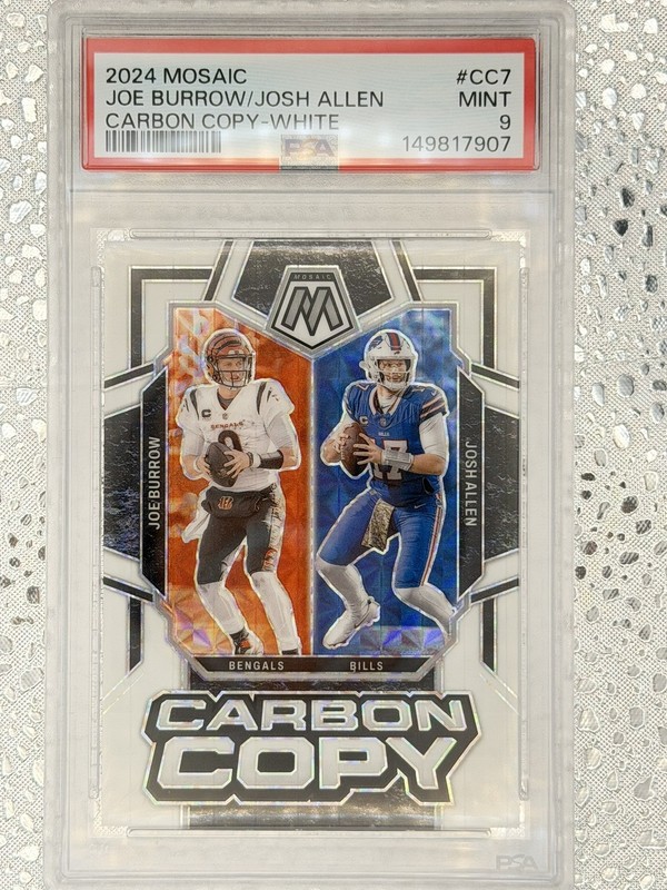 JOE BURROW JOSH ALLEN 2024 MOSAIC CARBON COPY WHITE PRIZM 25/25 PSA 9