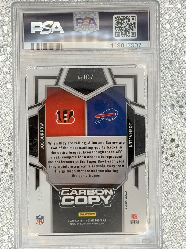 JOE BURROW JOSH ALLEN 2024 MOSAIC CARBON COPY WHITE PRIZM 25/25 PSA 9 view 2