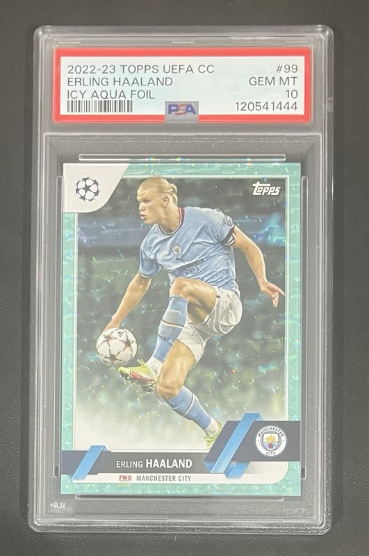 2022-23 Topps UEFA Club Competition Erling Haaland #99 Aqua Icy Foil /399 PSA 10