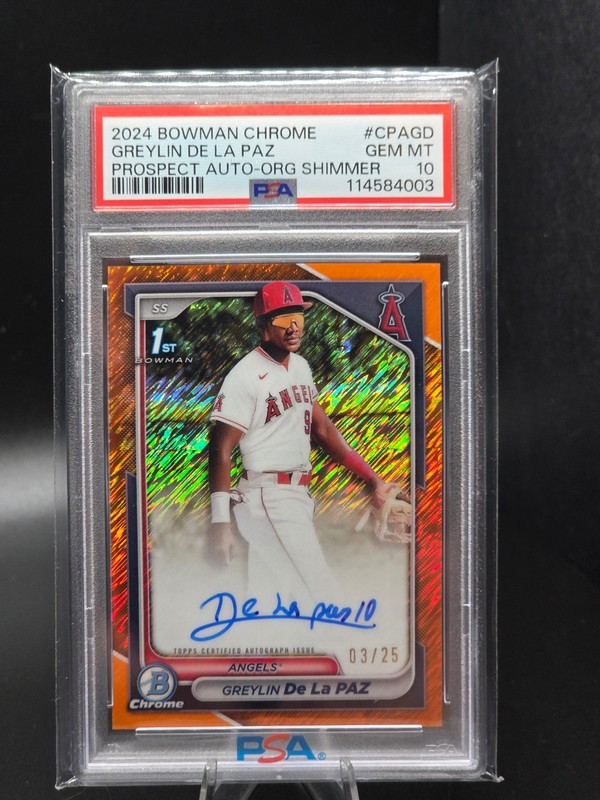 GREYLIN DE LA PAZ 2024 Bowman Chrome ORANGE Shimmer AUTO /25 PSA 10 GEM MINT