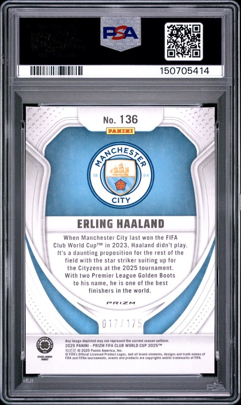 Erling Haaland 2025 Panini Prizm FIFA Club World Cup #136 Blue Ice /175 PSA 10 view 2