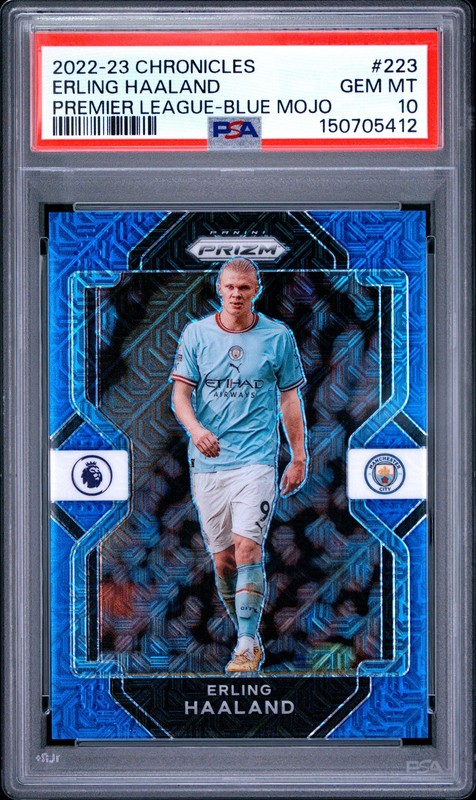 Erling Haaland 2022-23 Panini Chronicles EPL #223 Blue Mojo Prizm /16 PSA 10