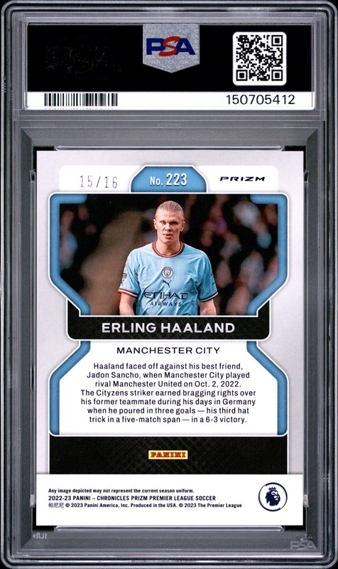 Erling Haaland 2022-23 Panini Chronicles EPL #223 Blue Mojo Prizm /16 PSA 10 view 2
