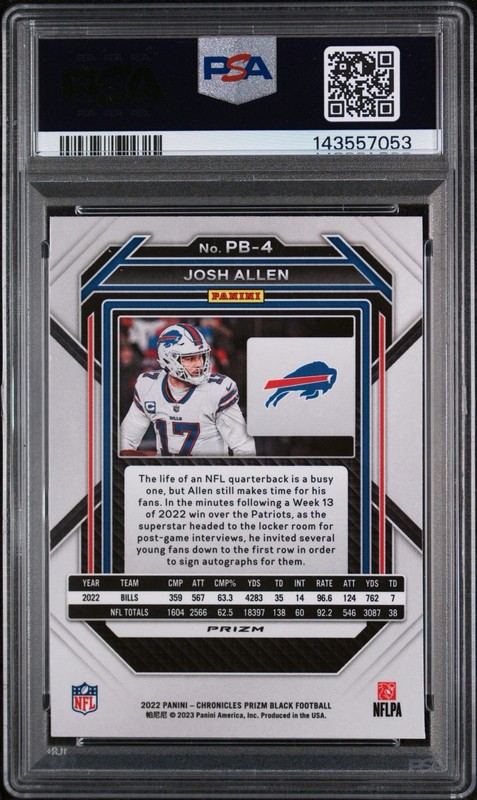 Josh Allen 2022 Panini Chronicles Prizm Black Silver #PB-4 PSA 8 - Bills view 2