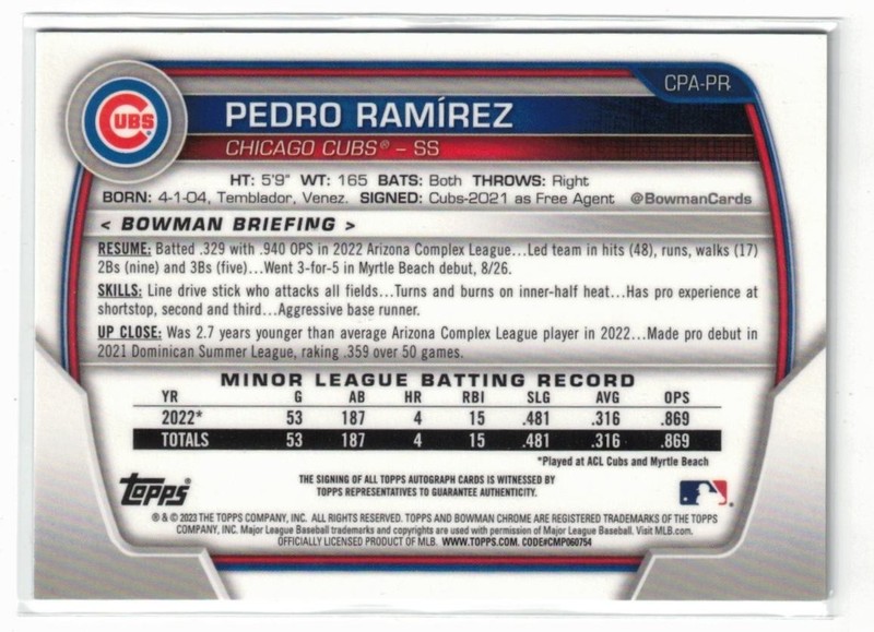 2023 1st Bowman Chrome RC AUTO Pedro Ramirez #CPA-PR! Cubs! Rookie! Autograph! view 2
