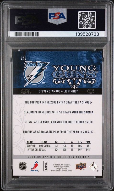 2008 UPPER DECK #245 STEVEN STAMKOS YOUNG GUNS RC ROOKIE PSA 9 view 2