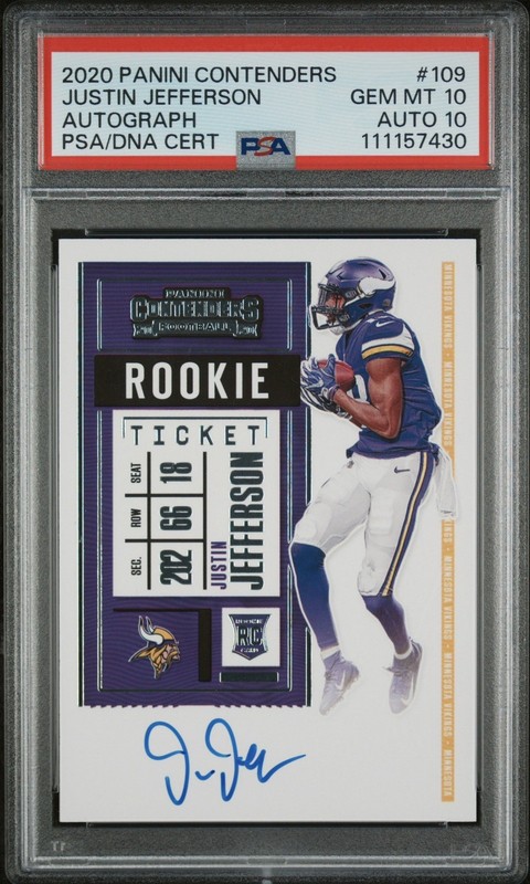 2020 Justin Jefferson Rookie Gem 10 Auto 10 Panini Rookie Ticket PSA 10 POP 3