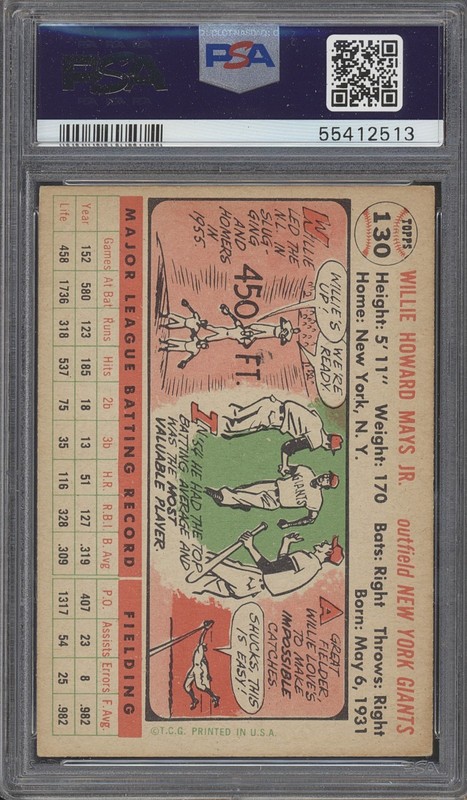 1956 Topps #130 WILLIE MAYS - PSA 5 EX - WHITE BACK HOF NEW YORK GIANTS view 2