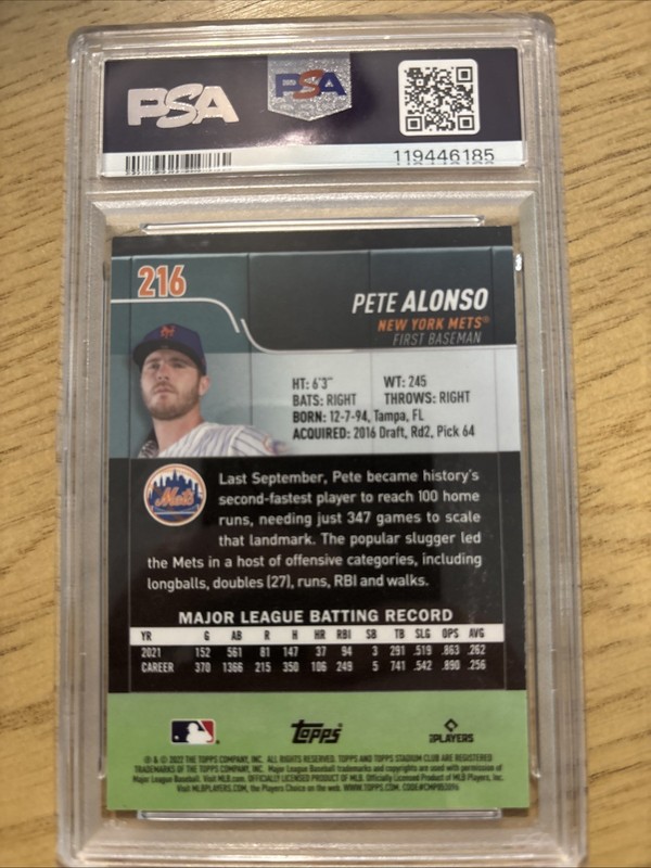 2022 Topps Stadium Club Pete Alonso #216 Chrome Gold Minted PSA 9 view 2