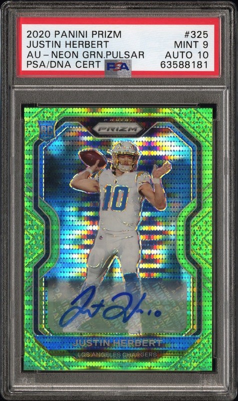 2020 Panini Prizm Justin Herbert Neon Green Pulsar #325 RC ROOKIE AUTO PSA 9