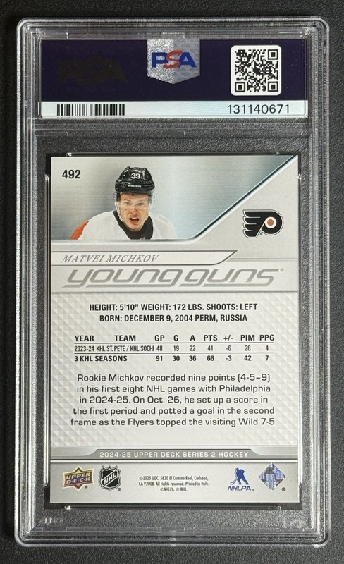 2024-25 Upper Deck Series 2 Young Guns Matvei Michkov #492 RC PSA 9 view 2