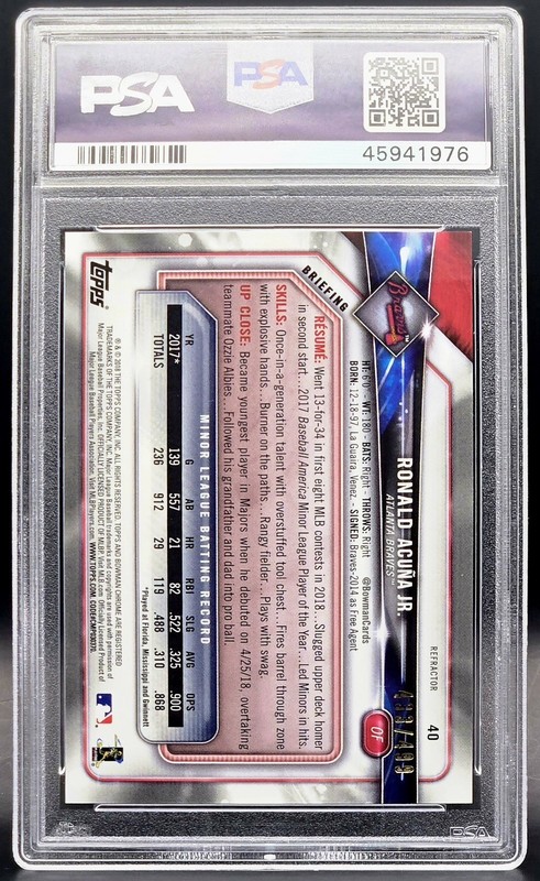 2018 Bowman Chrome Ronald Acuna Jr Refractor /499 #40 RC PSA 10 Braves Rookie view 2