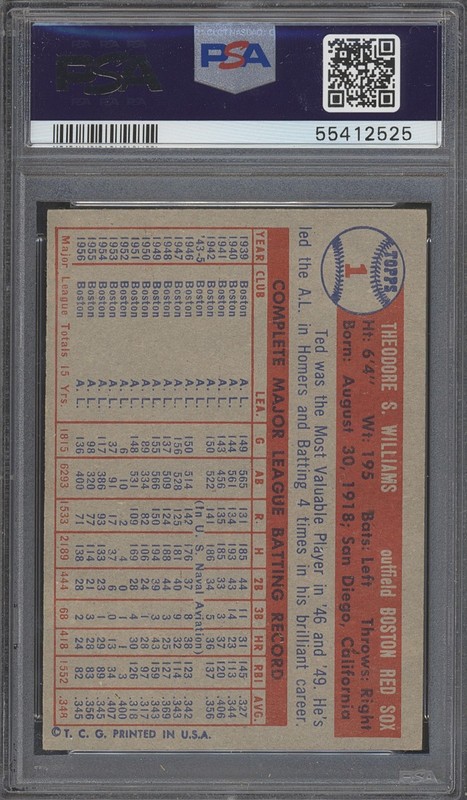 1957 Topps #1 TED WILLIAMS - PSA 4 VG/EX - HOF BOSTON RED SOX SPLENDID SPLINTER view 2