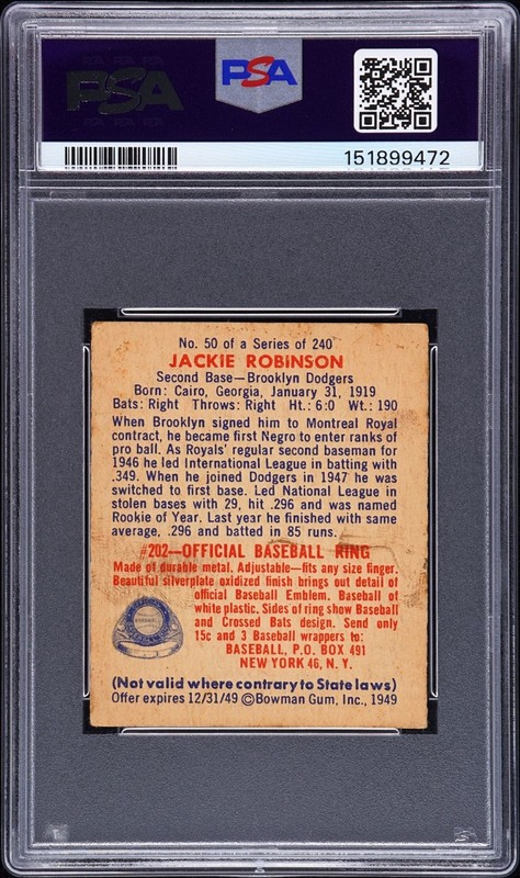 1949 BOWMAN #50 JACKIE ROBINSON ROOKIE CARD GRADED PSA 2 DODGERS view 2