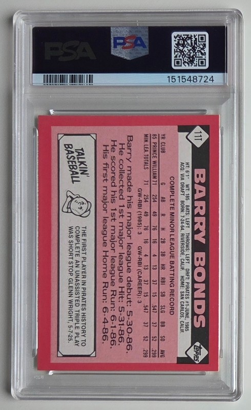 1986 Topps Traded - Barry Bonds #11T (Tiffany) (RC) PSA 9 view 2