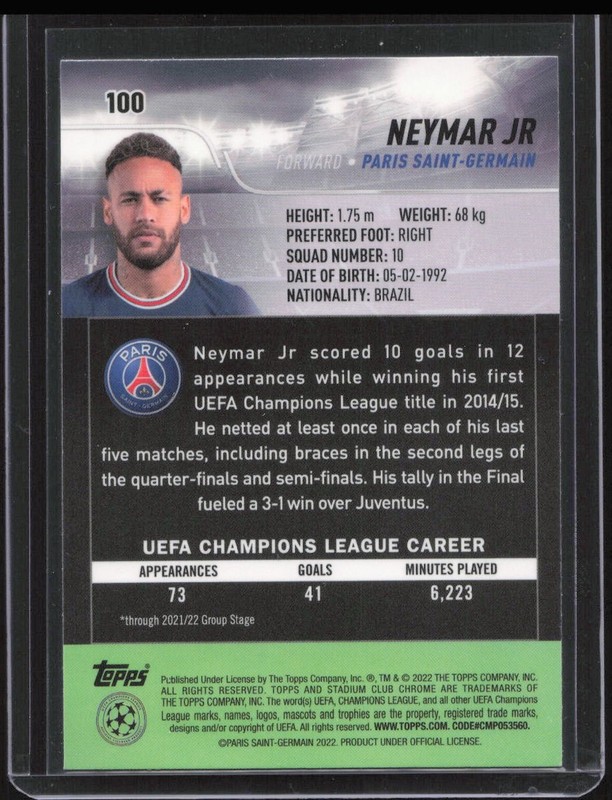 2021 Topps Stadium Club Chrome UEFA Champions League Neymar Jr #100 view 2