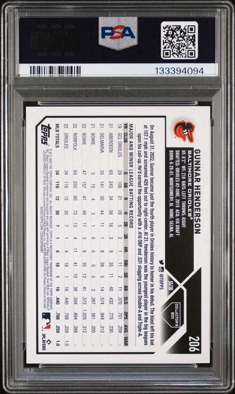 2023 Topps Gunnar Henderson #206 Silver Foil Rookie PSA 10 Baltimore Orioles view 2