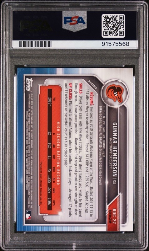 2019 Bowman Draft Gunnar Henderson Chrome Refractor #BDC-22 PSA 10 view 2
