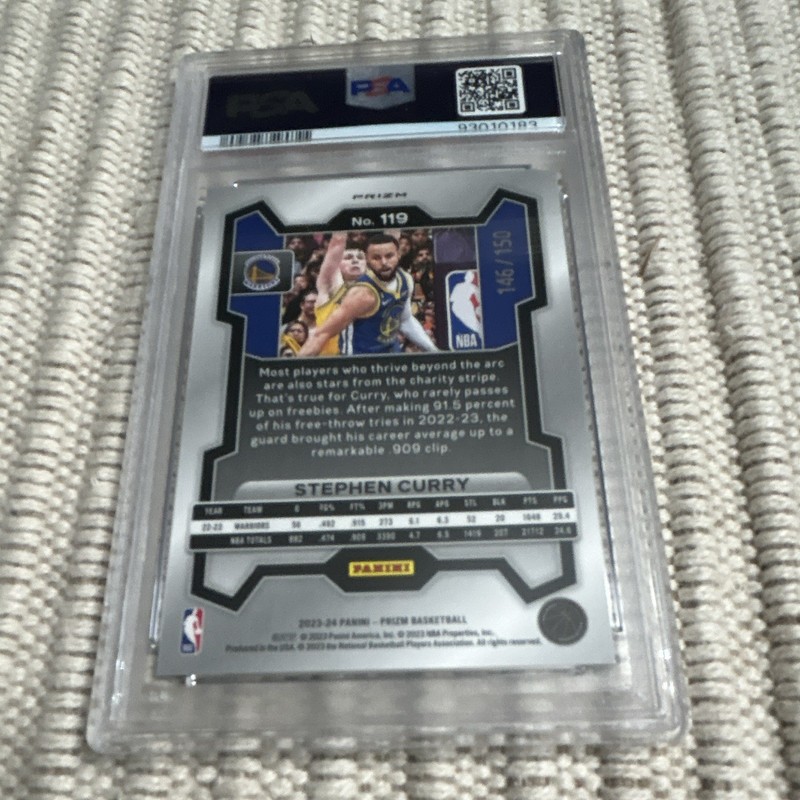 Panini 2023-24 Prizm Stephen Curry #119 Blue Fast Break PSA 10 /150 view 2