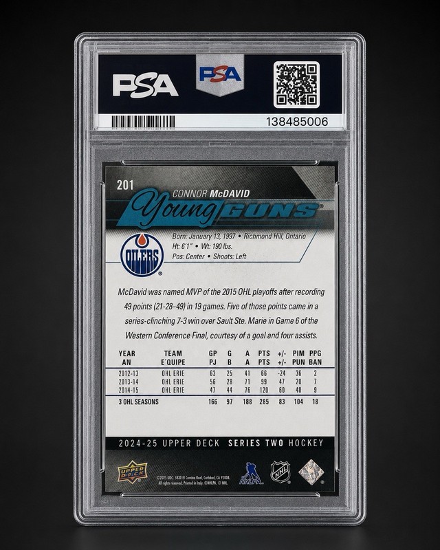 2024-25 Upper Deck Series 2 Young Guns Renewed Connor McDavid #201 PSA 9 Mint RC view 2